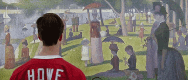 alan ruck as cameron frye in ferris bueller's day off, camera alternating between increasingly zoomed in shots of him and of "sunday afternoon on the island of la grande jatte" by georges seurat