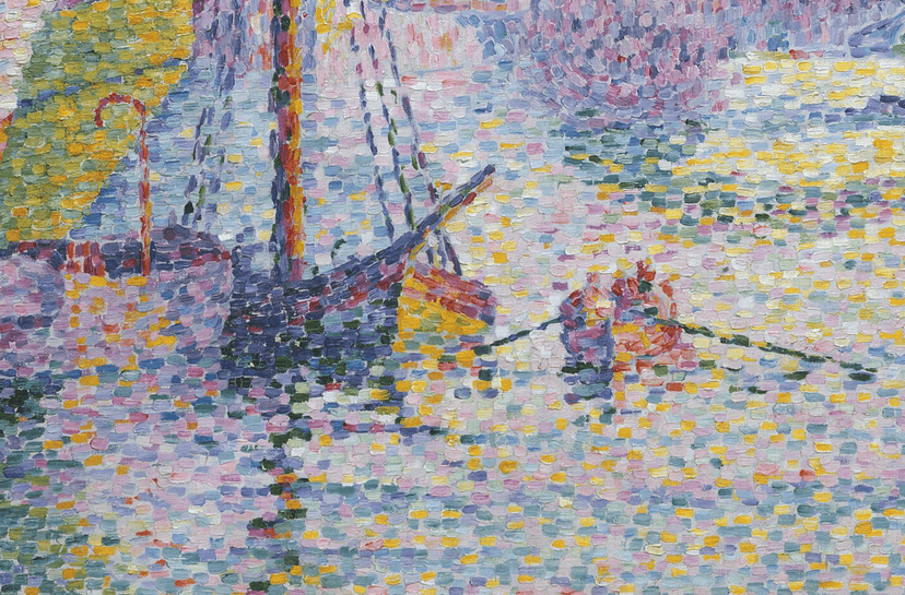 zoomed in image of paul signac's impressionist painting of notre-dame de la garde in marseille, france