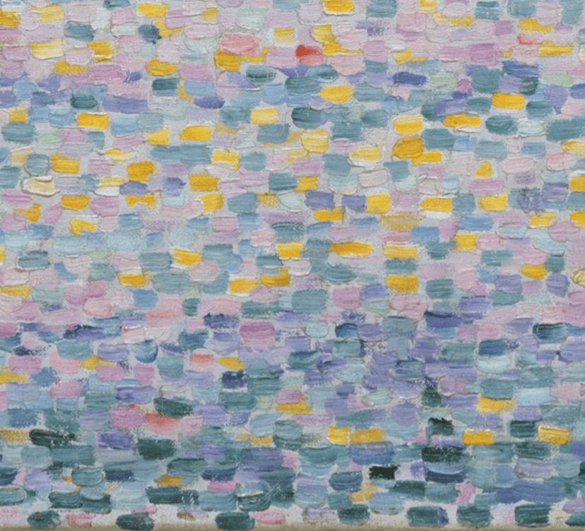 zoomed in image of paul signac's impressionist painting of notre-dame de la garde in marseille, france